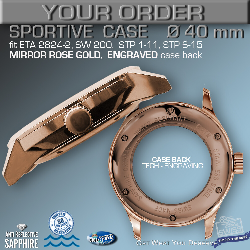 Boîtier De Montre 41mm PVD Rose Or – Compatible Mouvement ETA 2824 / SW-200, Verre Saphir