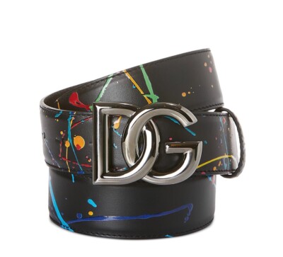 NEW DOLCE & GABBANA Men's Interlocking Logo Paint Splatter Leather Belt, size 38