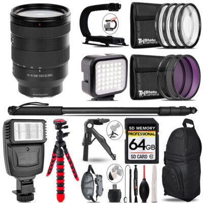 Sony FE 24-105mm f/4 G OSS Lens- Video Kit + Flash + Monopad - 64GB Kit