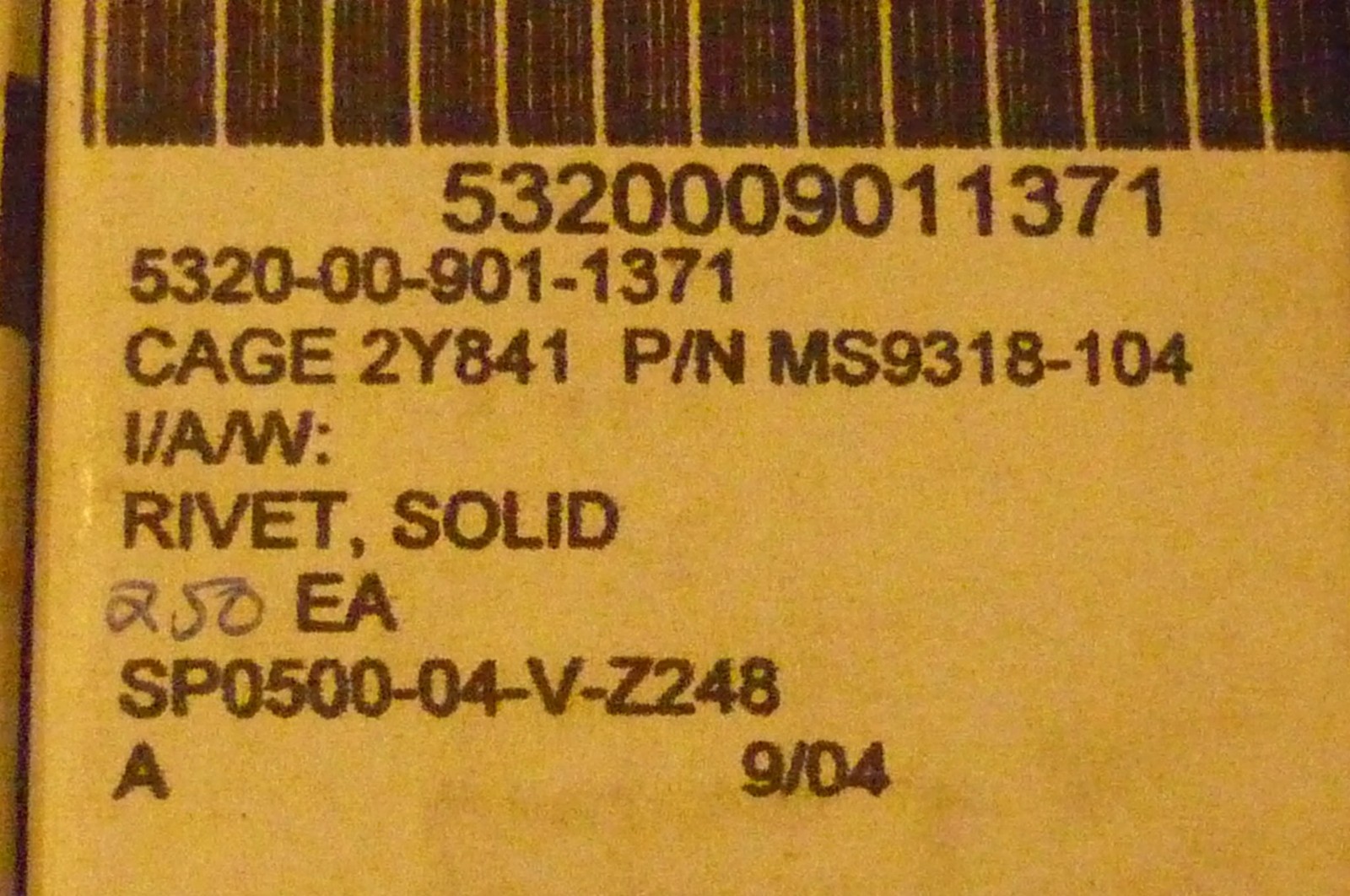 Ms9313 Rivets P/N MS9318-104 RIVETS Lot of 744 ea. Rivets -NSN 5320-00-901-1371 Rivet ...