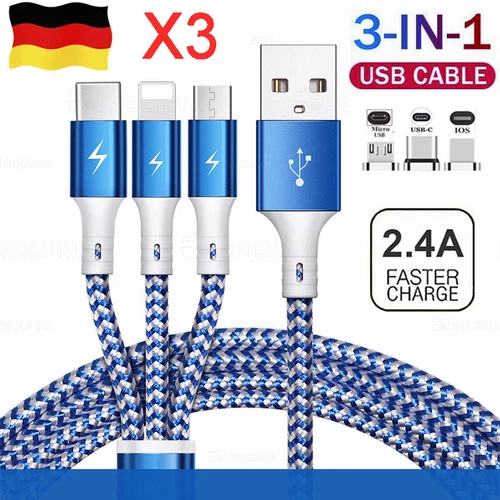 3X Multi USB Kabel 3in1 Ladekabel Auto USB C+Micro USB Dreifach Handy Datenkabel