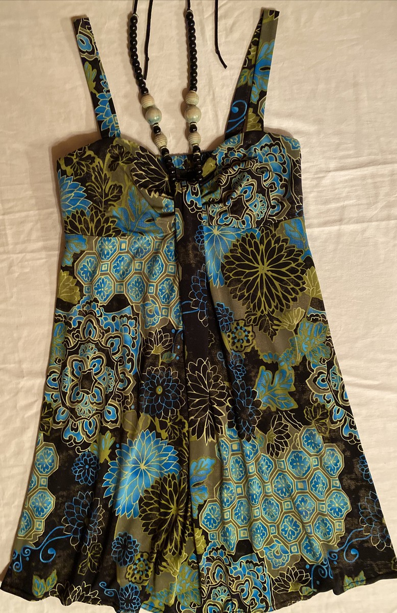 R&M Richards Petites Women's Dress Size 8P Aqua Green Gold Black Cascade  Floral