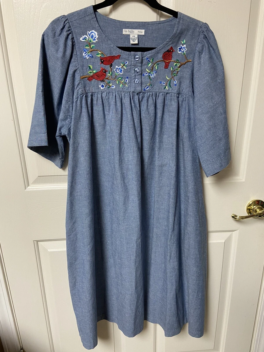 GO SOFTLY 100 COTTON DENIM PATIO HOUSE DRESS BIRD EMB PKTS PM EUC
