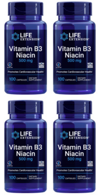 4 PACK Life Extension Vitamin B3 Niacin 500mg for Cardiovascular Health 100 Caps
