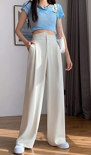 Women's Elastic High Waist Irregular Draped Business Dress Pants Wide Leg XS~L - Picture 29 of 32