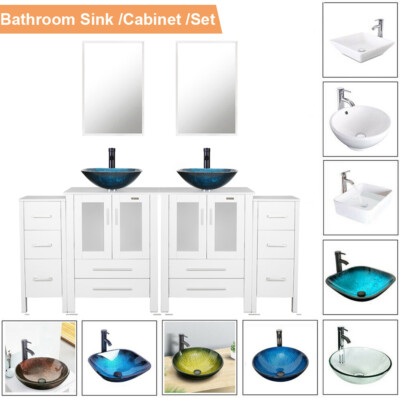 72'' White Bathroom Vanity Set Cabinet Vessel Glass/Ceramic Sink No Mirror