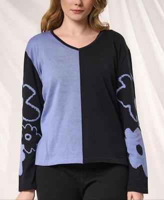 Angel Apparel Color Block And Floral Knit Top Black/denim