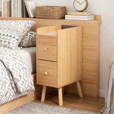 Slim Narrow Wood Bedside Table Bedroom Small Nightstand w/ 2 Drawers & High Leg