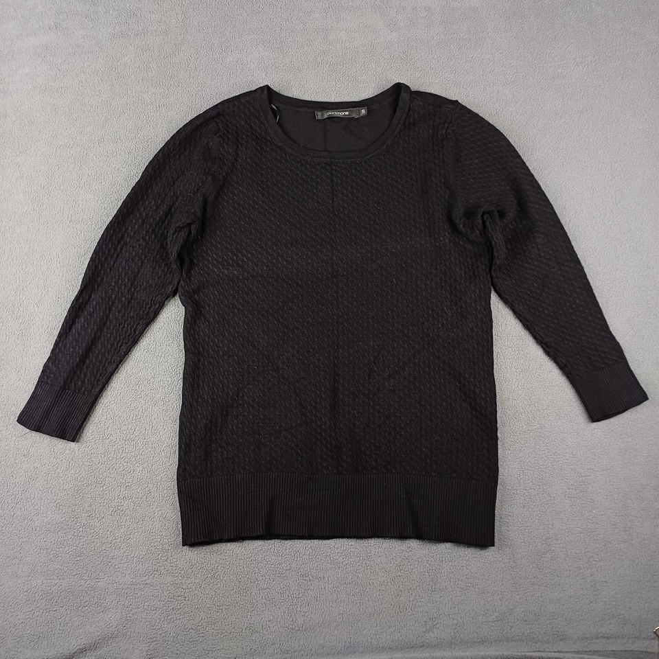 Portmans Jumper Womens S Black Waffle Knit Button Cuff Crew Neck Long Sleeve
