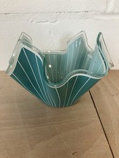 Vintage Turquoise and White Striped Chance Glass Handkerchief Vase