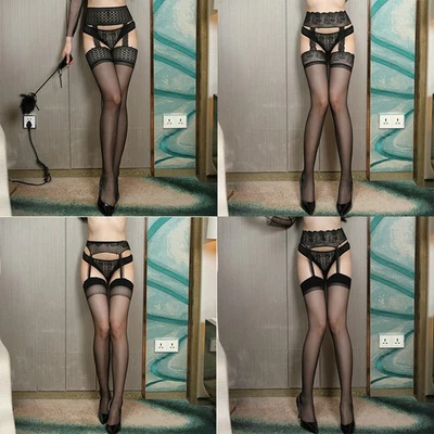 Suspender Pantyhose Sexy Thigh-High Stockings Fishnet Tights Hollow Out Black