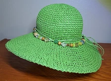 Sun 'n Sand Green Straw Hat Beads Beach Summer Party