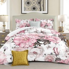 Pink Flowers Comforter Set Queen Spring Floral 3 Pieces Microfiber Bedding Qu...