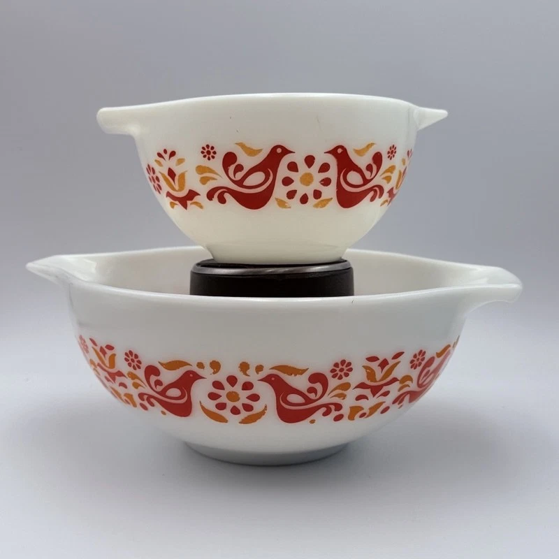 Vintage Pyrex Friendship Mixing Bowls Set of 2 Red Orange Birds Flowers