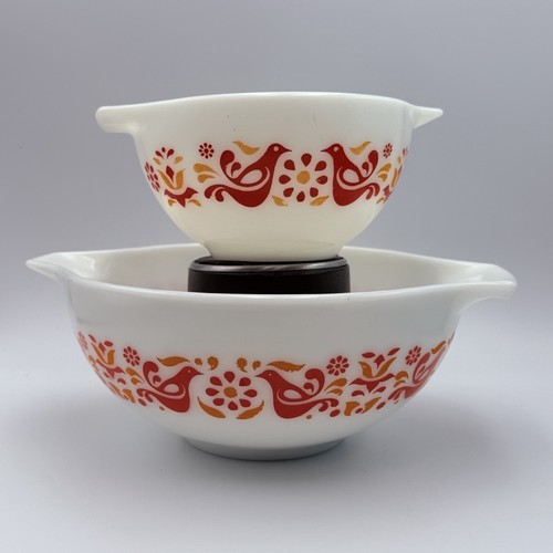Vintage Pyrex Friendship Mixing Bowls Set of 2 Red Orange Birds Flowers