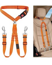 Double Dog Seat Belt Dual Pet Car Headrest Reflective Leash 2 In 1 Orange