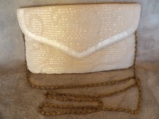 La Regale VTG White Beaded Purse Clutch or Shoulder Bag Metal Strap Evening 9x5