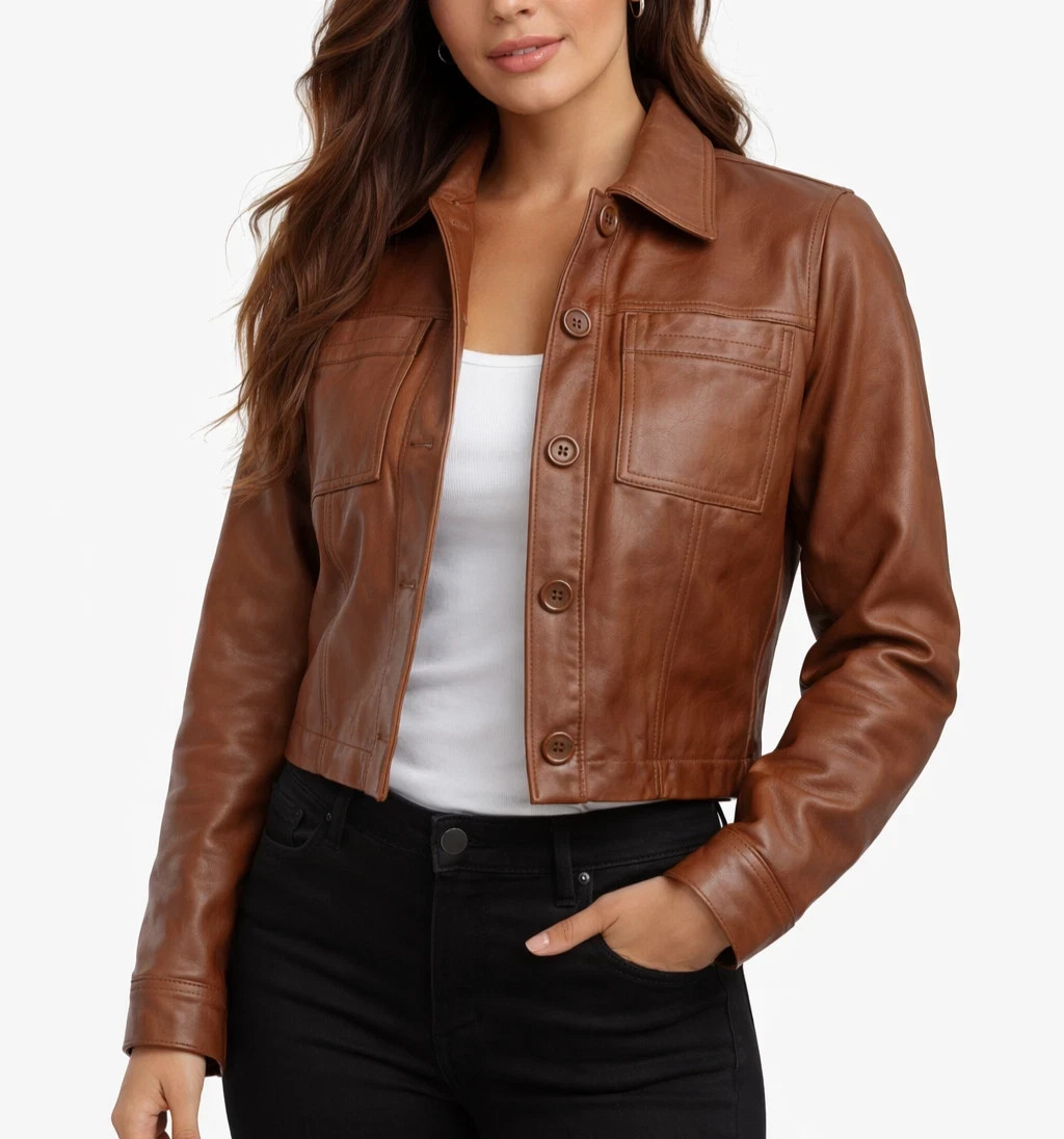 Women's Brown Genuine Sheepskin Leather Jacket Vintage Style Button Up Coat