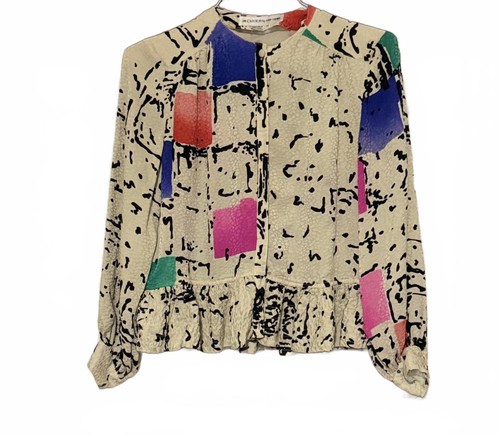Cream Silk Blouse Jacket Abstract Art Peplum Size 10 Vintage UMI Collections