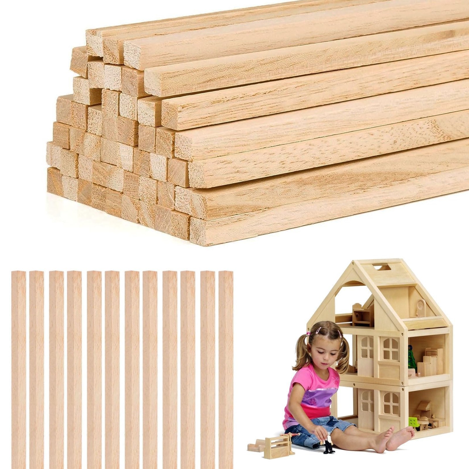Bâtonnets de Bois 300mm de Section Carrée pour Ateliers Loisirs Créatifs