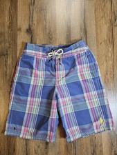 Polo Ralph Lauren Boys Swim Trunks Blue Pink Madras Plaid Drawstring Size 8