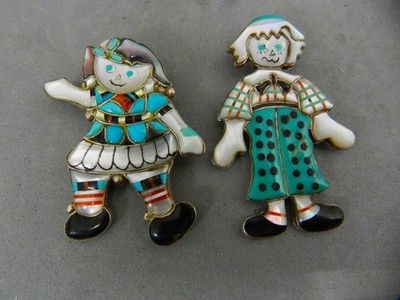 PR (2) VTG ZUNI RAGGEDY ANN & ANDY COBBLESTONE INLAY  PIN/PENDANTS, MARKET FRESH