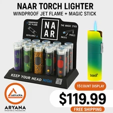 NAAR Torch Lighter | 15 Count Display | Windproof Jet Flame | Free Shipping