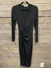 Shibever Black Side Faux Wrap Long Sleeve MIDI Dress Women’s Size Small