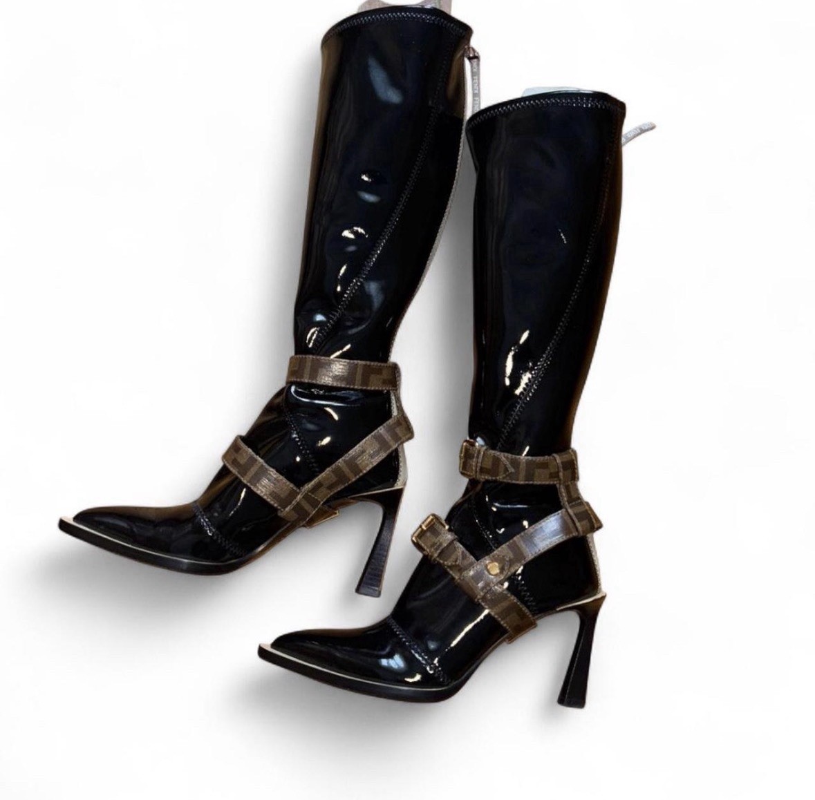 Fendi Women's Colibri Black Patent Leather w/ Boots Brown Straps