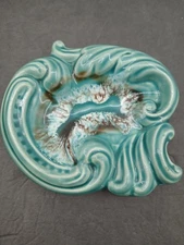 MCM Ceramic Pottery Ashtray Swirl Design Teal Green Brown Drip Glaze  USA  MINT 