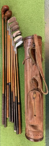 8  Antique Hickory Wood Shaft Golf Clubs & Vintage All Leather Bag + Bonus