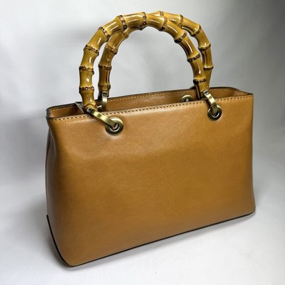 Patricia Nash Leather Satchel Bamboo Top Double Handles Firm Cognac Brown SEE