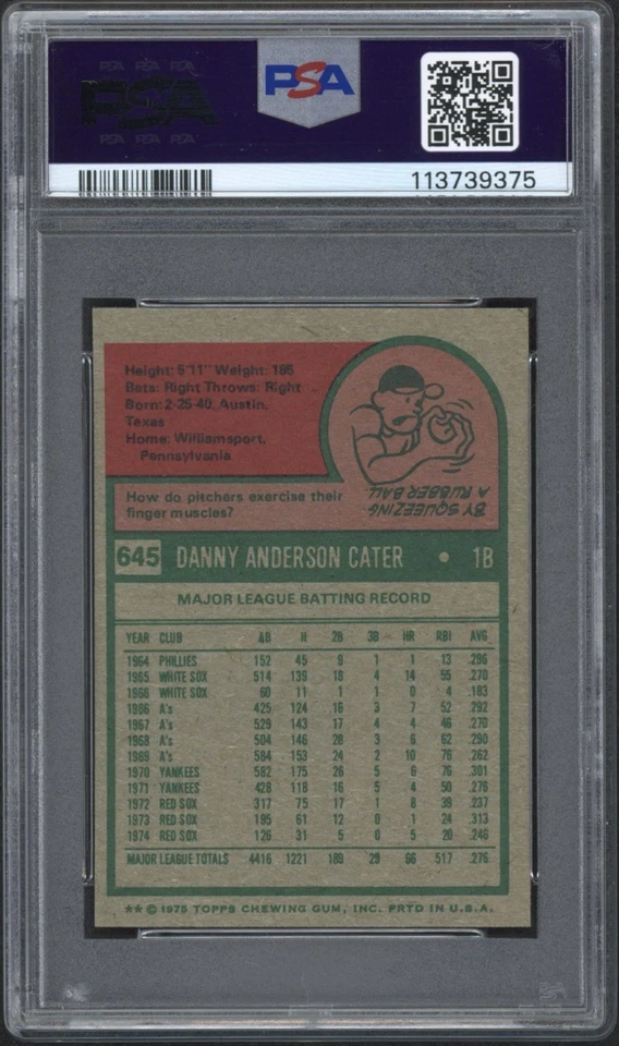 1975 Topps Mini Danny Cater #645 PSA 8 NM-MT Boston Red Sox  - Image 2 of 2