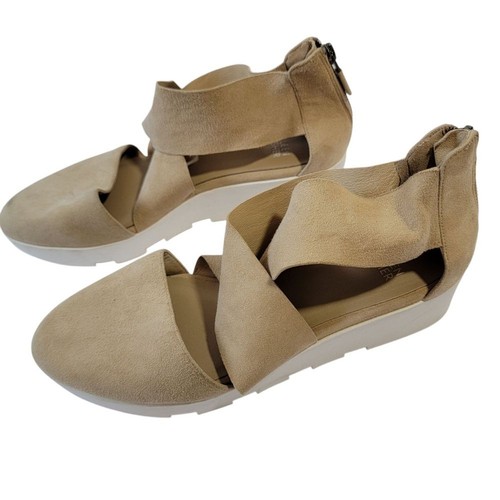 Eileen Fisher hellbraune Damen-Keilsandale aus Veloursleder mit überkreuztem Reißverschluss hinten Größe 8,5 Komfort - Bild 12 von 12
