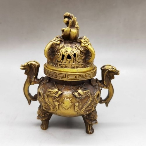 antique excellent Bronze Statues Gilt Dragon lucky tripod Incense Burners Censer - Imagen 1 de 10