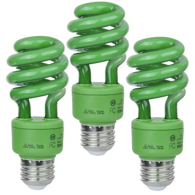3Pack CFL Spiral Green Bulb, T3 Compact Fluorescent Colored Spring, 14W, E26