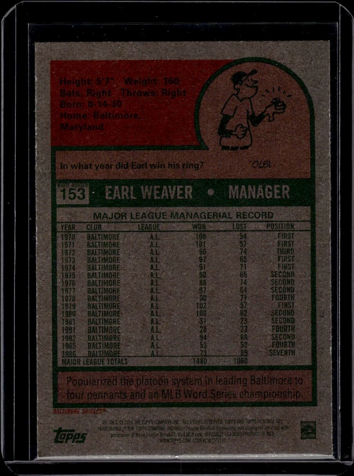 2024 Topps Heritage #153 Earl Weaver White Border - Image 2 of 2