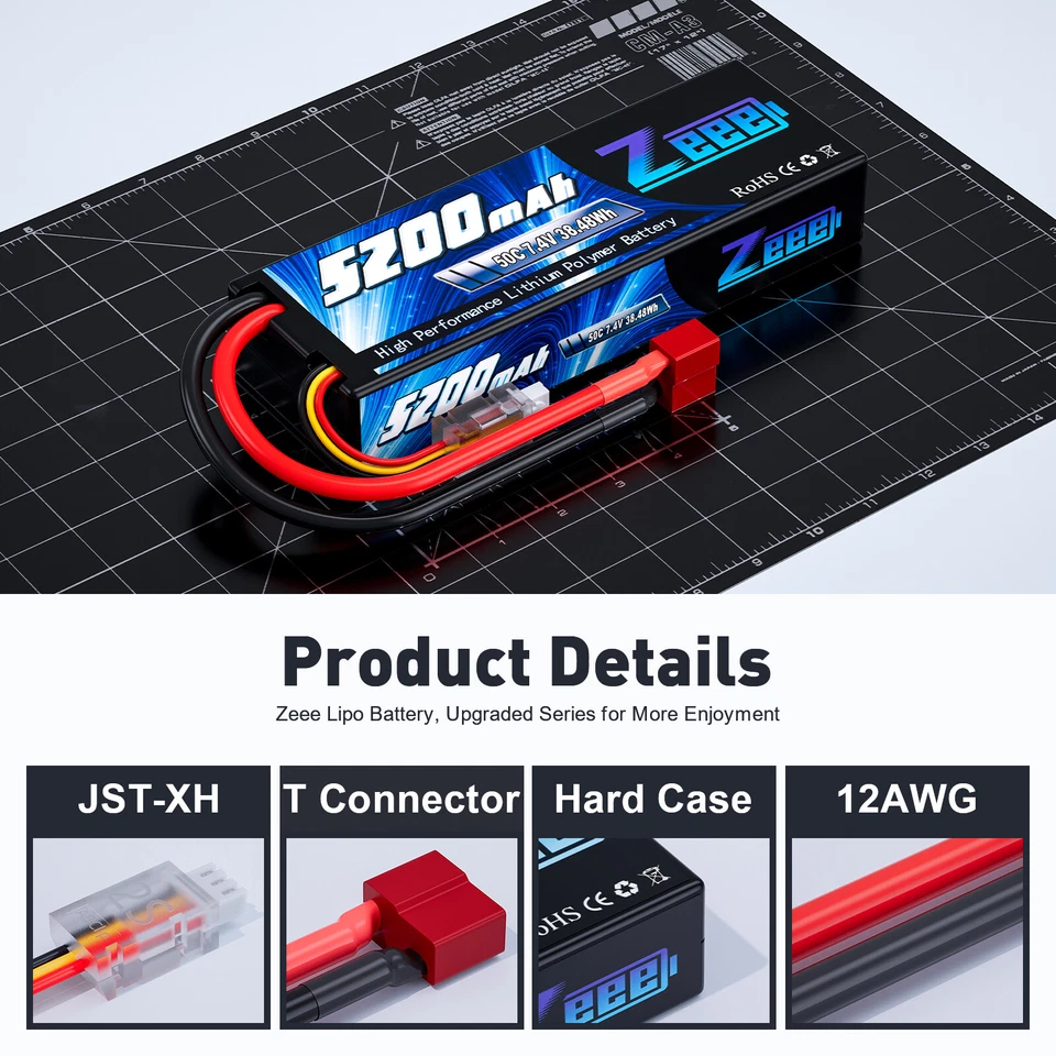 Zeee 7,4V 2S LiPo Akku T Plug 50C 5200mAh Hardcase für RC Auto Monster Truck LKW - Bild 2 von 4