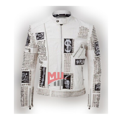 Handmade Men's Philip Plein White Full Studded Embroidery Patches Leather Jacket