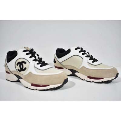 Chanel 22S White Ivory Beige Black CC Logo Tie Flat Runner Trainer