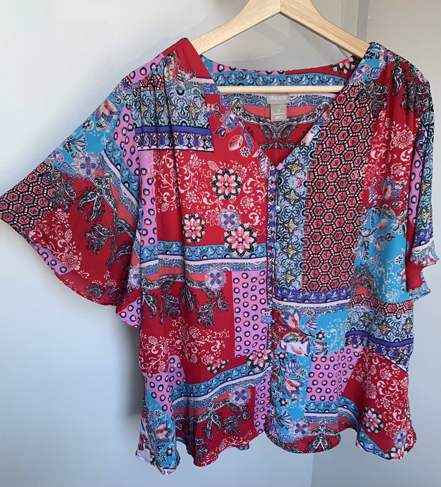 Chicos 3 Patchwork Peplum Flutter Short Sleeve Bl… - image 2