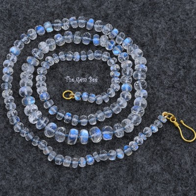 18K Yellow Gold Rainbow Blue Flash Moonstone Faceted Rondelle Bead Necklace 18''