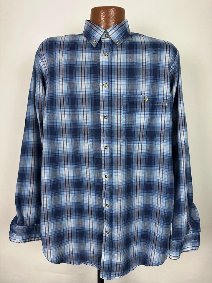 90s Oakton Limited Oxford Shirt Men Large TALL Blue Plaid Long Sleeve Button USA - Image 2 of 4