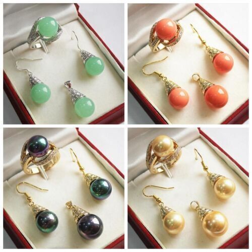 AAA 12mm Round Green Jade/Shell Pearl Beads Pendant Necklace Earrings Ring Set - Picture 1 of 13