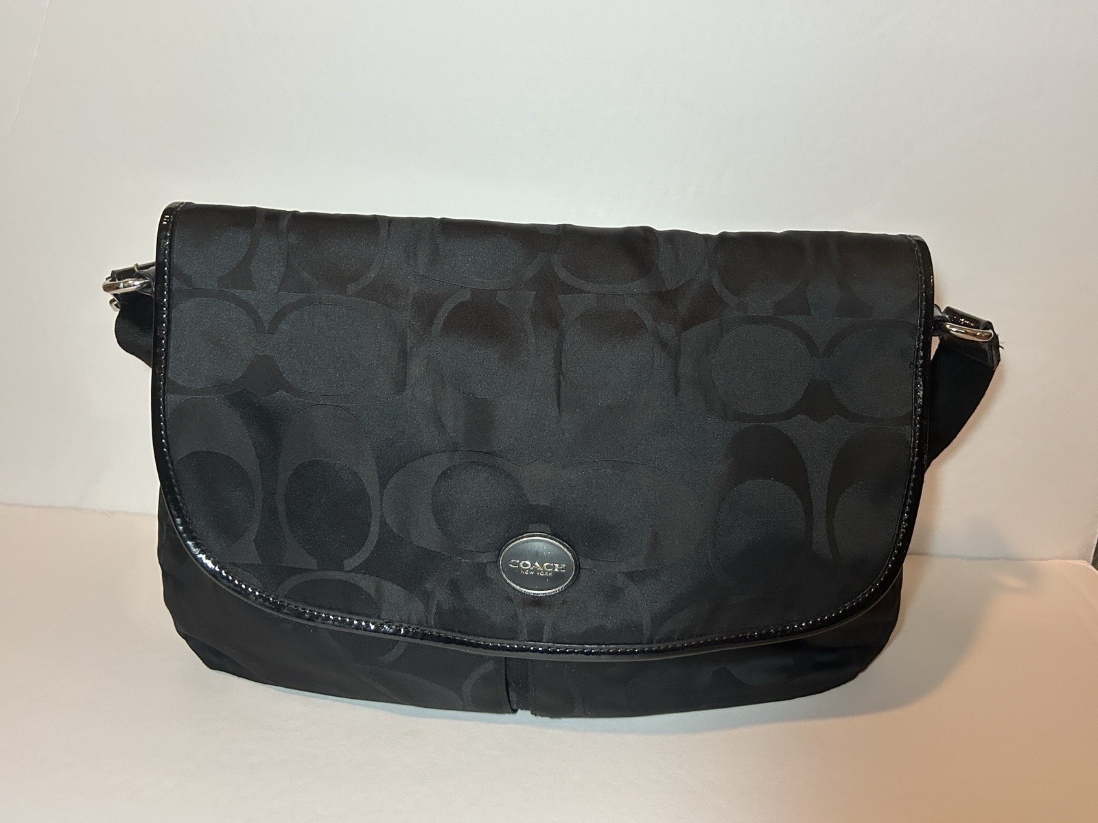COACH Black Logo Messenger Shoulder Bag Silver Hardware Adjustable Strap