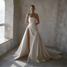 Mermaid Satin Wedding Dresses Sexy Side-Slit Strapless Gowns Lace-Up Court Train