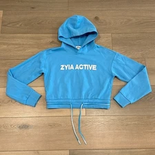 ZYIA ACTIVE Sky Blue Uppercut Cropped Spell-Out Cotton Pullover Hoodie Size XS