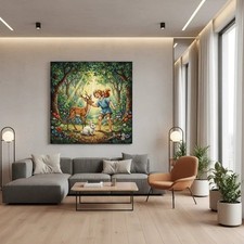 Whimsical Forest Child  Deer Canvas Wall Art - Nursery Kids Room Decor Print