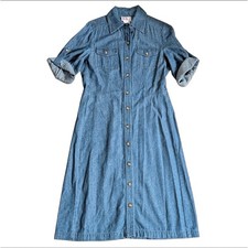 Vintage 90s R&K Originals Roll Tab Sleeve Button Down Denim Midi Dress Women's 4