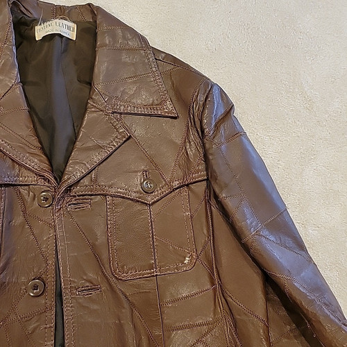 Giacca patchwork pelle vintage anni 60-70 uomo 42 Woodstock patch tasca marrone - Foto 4 di 24